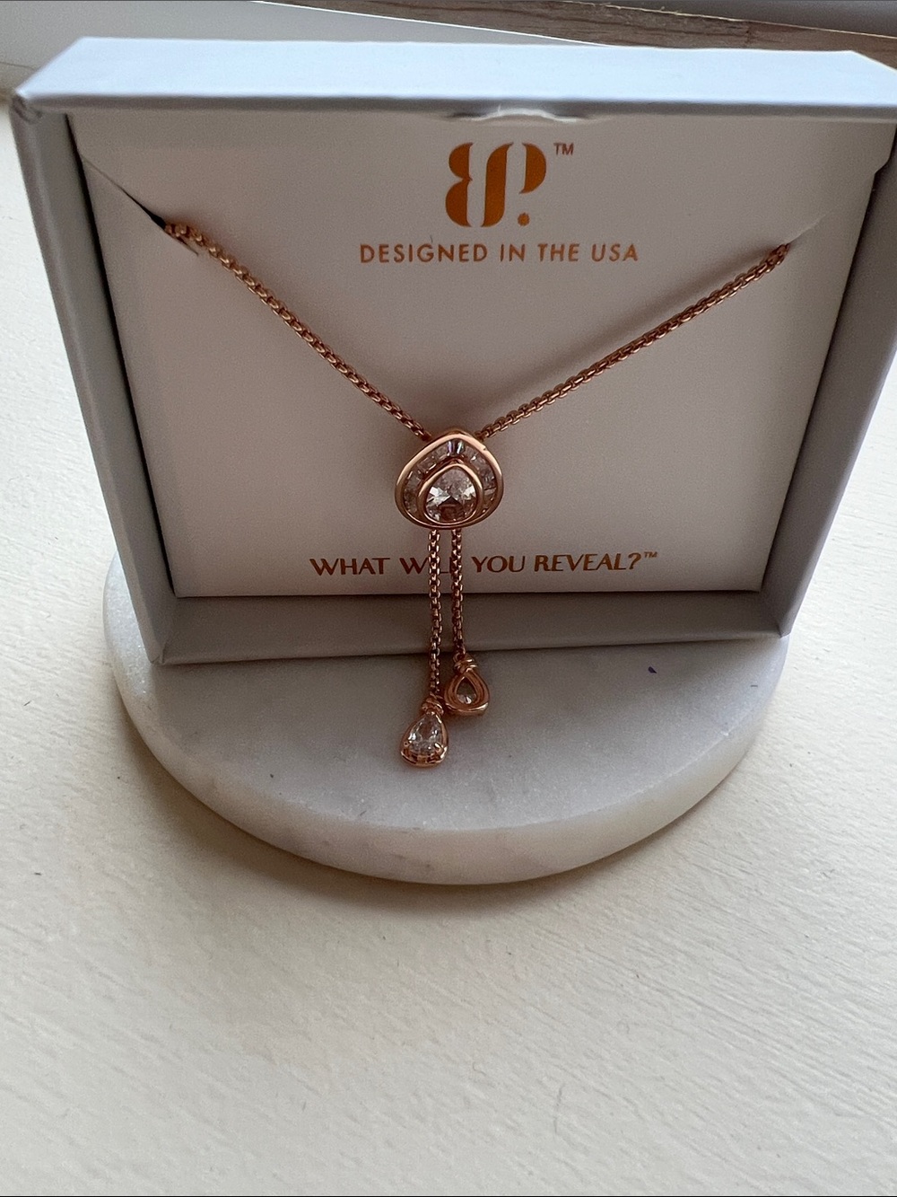 bp Rose Gold Lariat Necklace with Clear Teardrop Stones